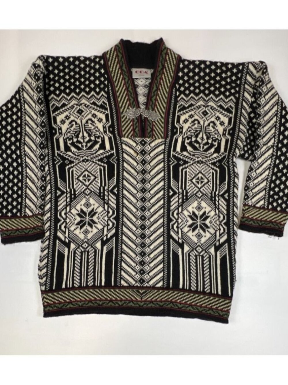 Vintage ODA of Norway Women L Nordic Wool Cardigan Black White Pewter Clasps